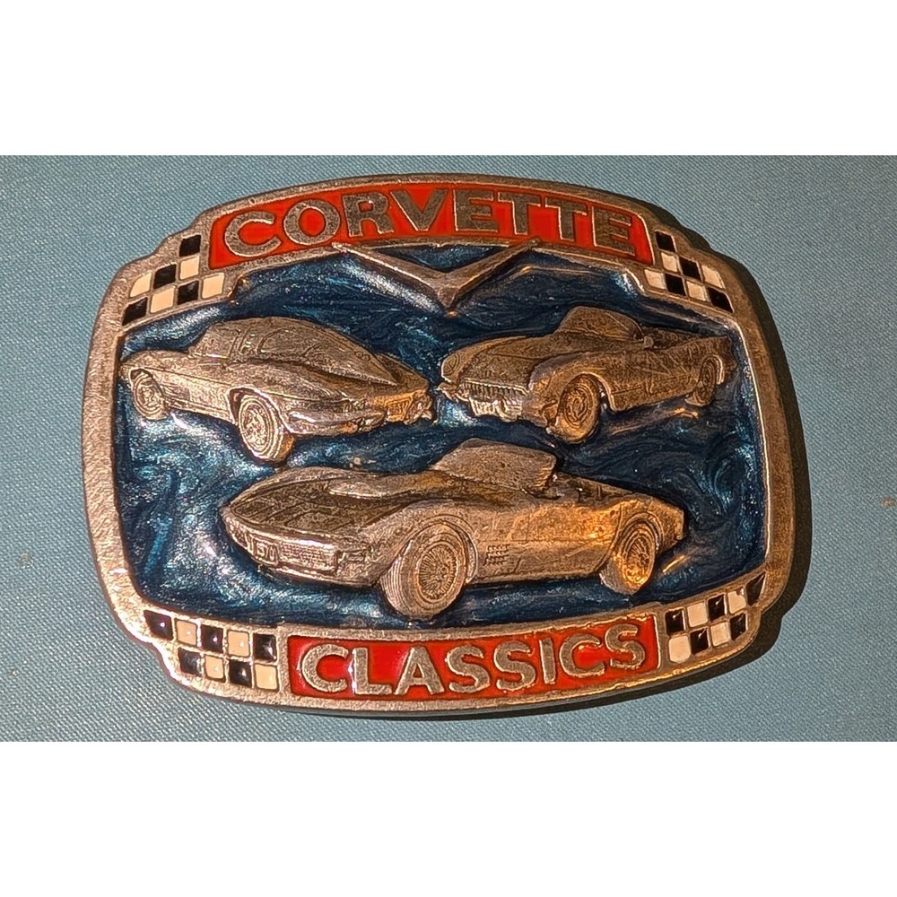 VTG Corvette Classics Pewter Belt Buckle 1988, Great American Buckle Co enamel